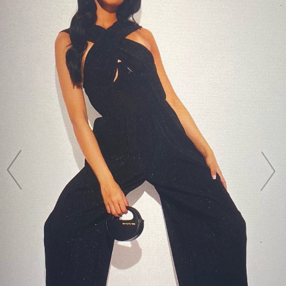 Tall black glitter lurex jumpsuit from Prettylittlething